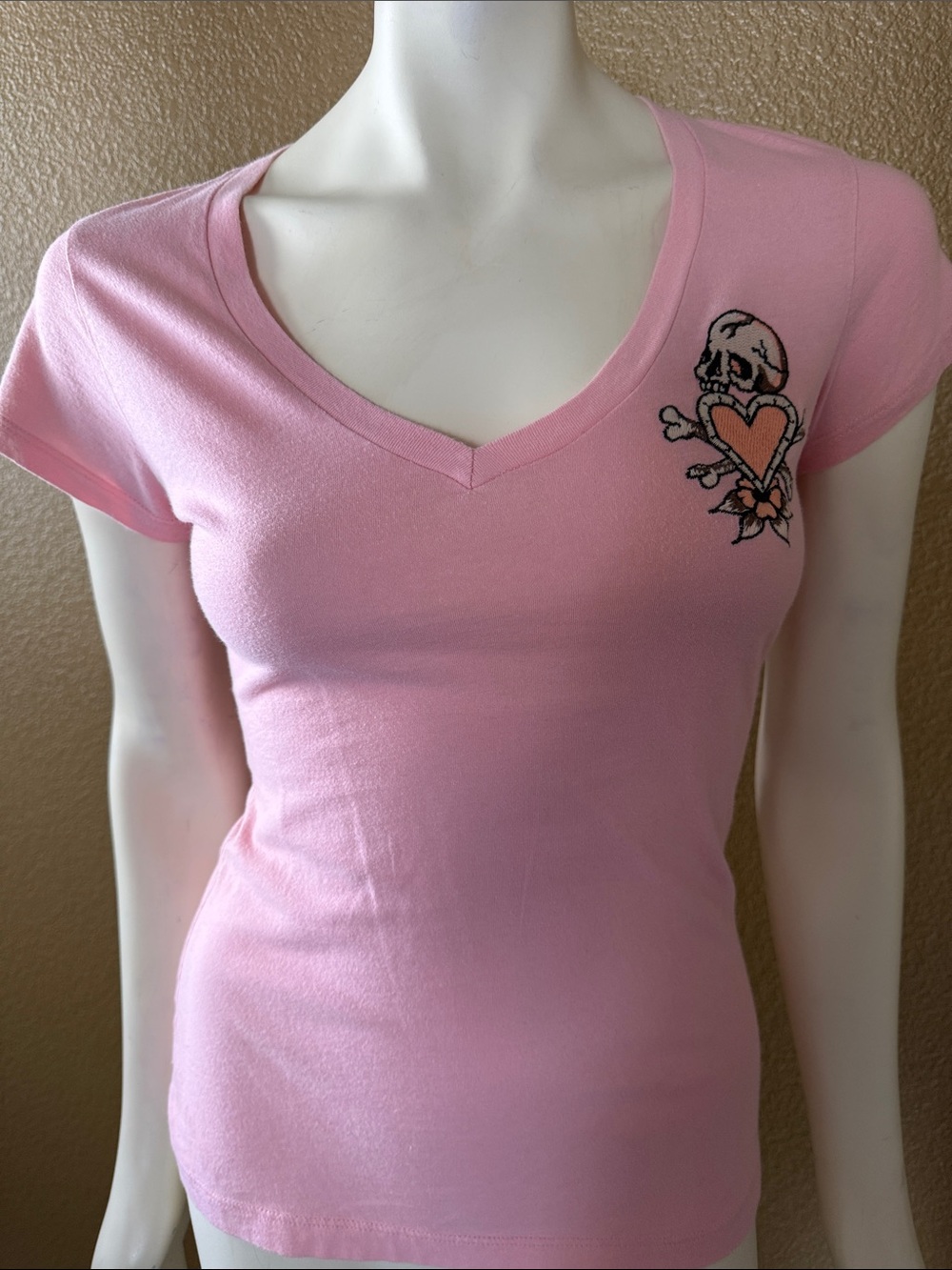 Y2K Vintage Ed Hardy Pale Pink V-Neck Tee with Heart & Skull Embroidery